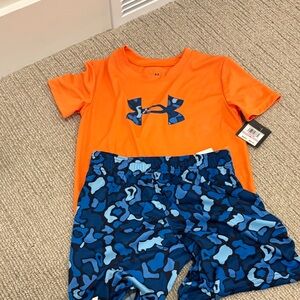 Under Armour Vibrant Orange Tee and Blue Camo Shorts